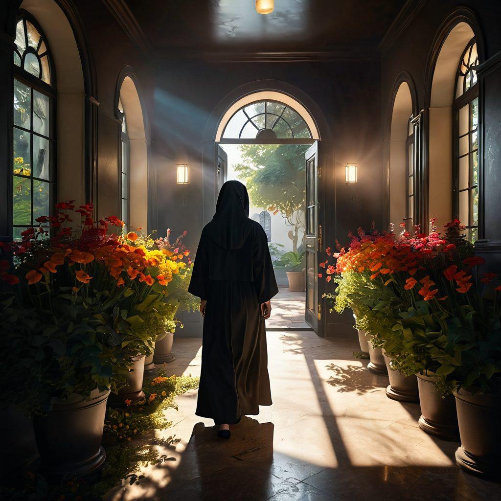 A serene and uplifting scene depicting a dark, shadowy convent transitioning to vibrant colors as sunlight breaks through, illuminating the interior. Include a figure of a joyful person emerging from the darkness into the light, wrapped in lush flowers and greenery symbolizing growth and transformation. The contrast between shadow and light should evoke a sense of hope and renewal. 3D rendering. vibrant colors.