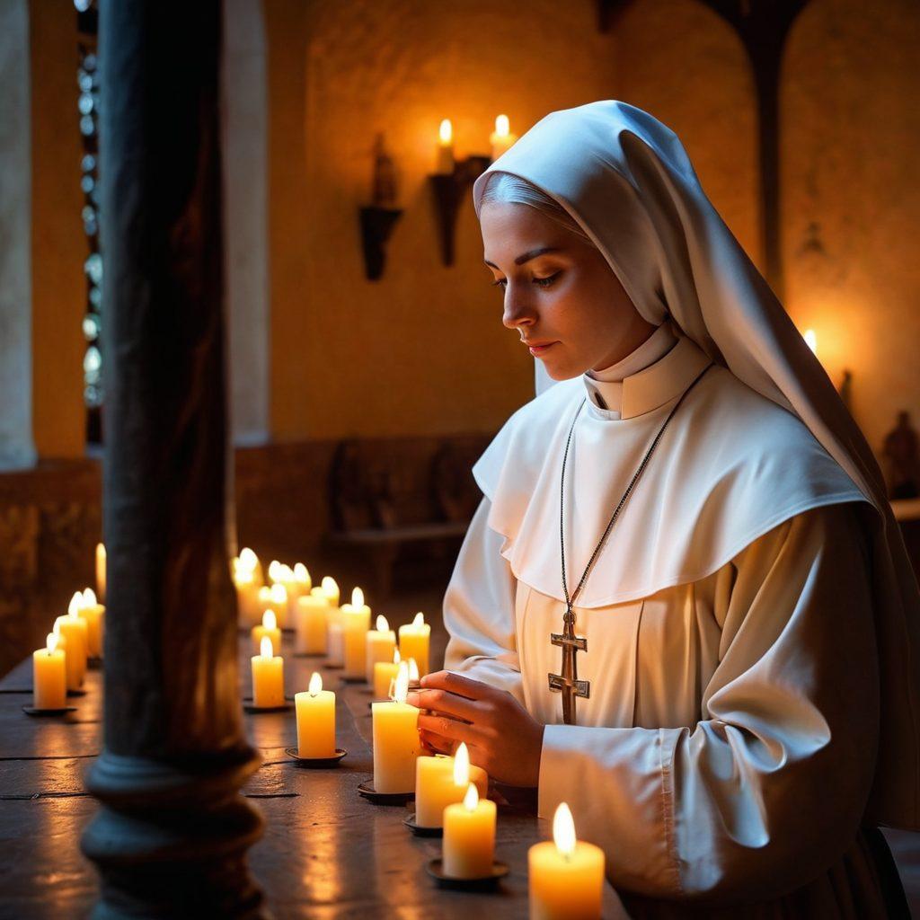 A serene monastery cloaked in twilight, with an ethereal nun gently illuminated by the soft glow of candles, surrounded by whispering shadows. The scene embodies a sense of mystique and intrigue, inviting the viewer to explore the joyful secrets hidden within. Delicate floral patterns interlace the shadows to symbolize peace and tranquility. The nun's calm expression radiates wisdom and grace, drawing in the audience. super-realistic. soft pastel colors. warm light.