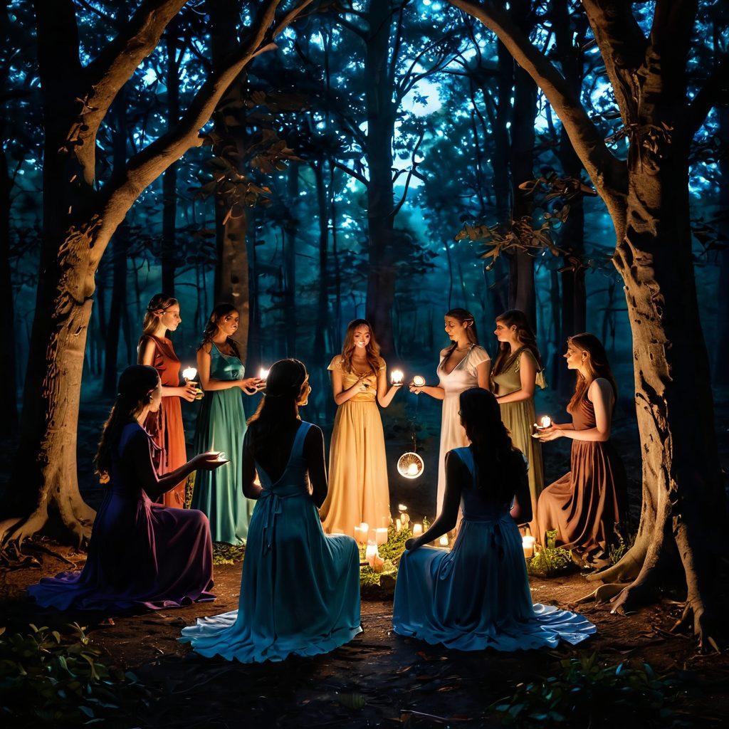 A mystical gathering of diverse women in a serene, twilight setting, surrounded by ethereal shadows and glowing, enchanted orbs. They are sharing secrets, radiating joy and connection, with dark, lush forest trees framing the scene. Subtle hints of light breaking through the darkness symbolize hidden ecstasy. Incorporate rich, deep colors to enhance the mysterious ambiance. super-realistic. vibrant colors. magical realism.